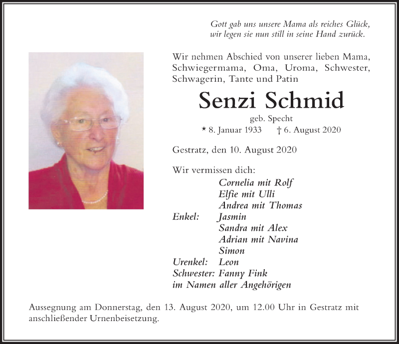  Traueranzeige für Senzi Schmid vom 10.08.2020 aus Der Westallgäuer