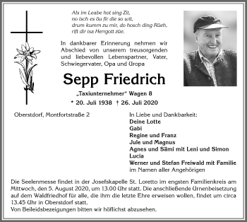 Traueranzeige von Sepp Friedrich von Allgäuer Anzeigeblatt