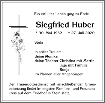 Traueranzeige von Siegfried Huber von Allgäuer Anzeigeblatt