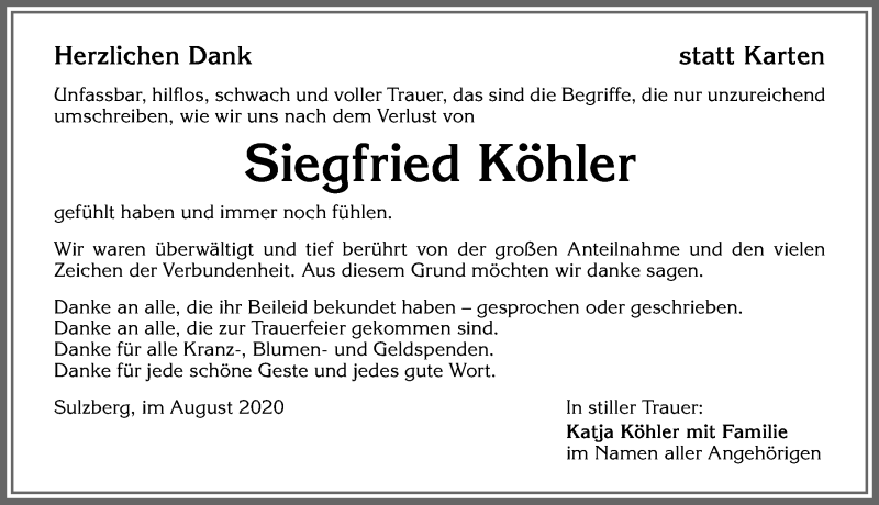  Traueranzeige für Siegfried Köhler vom 12.08.2020 aus Allgäuer Zeitung,Kempten