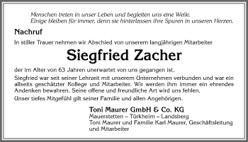 Traueranzeige von Siegfried Zacher von Allgäuer Zeitung, Kaufbeuren/Buchloe