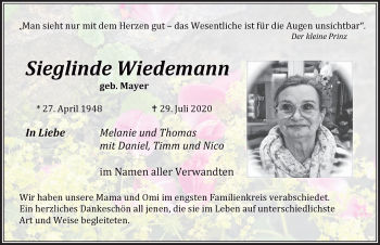 Traueranzeige von Sieglinde Wiedemann von Der Westallgäuer
