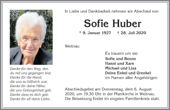 Traueranzeige von Sofie Huber von Allgäuer Zeitung,Kempten