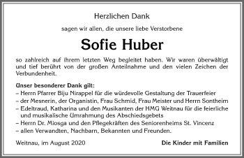 Traueranzeige von Sofie Huber von Allgäuer Zeitung,Kempten