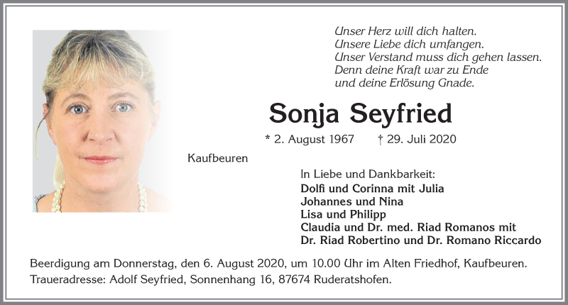  Traueranzeige für Sonja Seyfried vom 03.08.2020 aus Allgäuer Zeitung