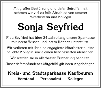Traueranzeige von Sonja Seyfried von Allgäuer Zeitung, Kaufbeuren/Buchloe