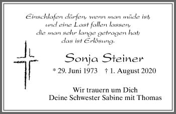 Traueranzeige von Sonja Steiner von Allgäuer Zeitung, Füssen