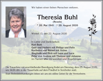 Traueranzeige von Theresia Buhl von Allgäuer Anzeigeblatt