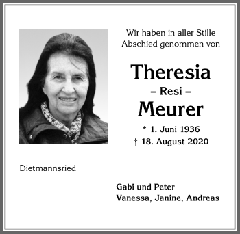 Traueranzeige von Theresia Meurer von Allgäuer Zeitung,Kempten