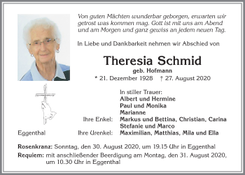 Traueranzeige von Theresia Schmid von Allgäuer Zeitung, Kaufbeuren/Buchloe