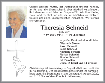 Traueranzeige von Theresia Schneid von Allgäuer Zeitung,Kempten