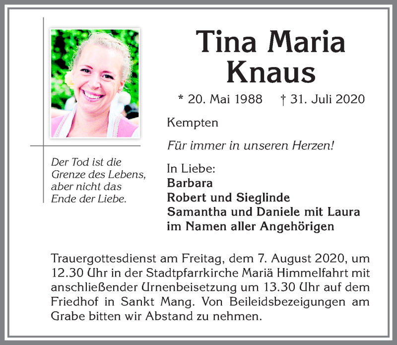  Traueranzeige für Tina Maria Knaus vom 05.08.2020 aus Allgäuer Zeitung,Kempten