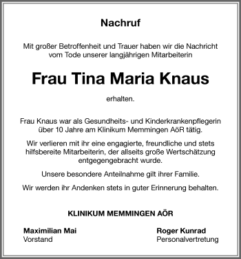 Traueranzeige von Tina Maria Knaus von Memminger Zeitung