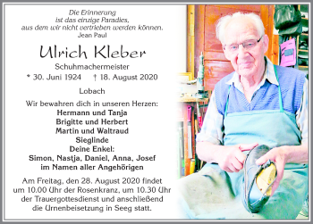 Traueranzeige von Ulrich Kleber von Allgäuer Zeitung, Füssen