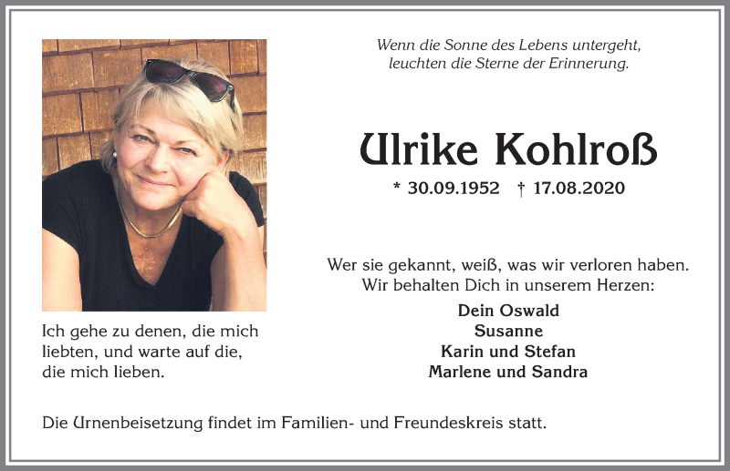  Traueranzeige für Ulrike Kohlroß vom 22.08.2020 aus Allgäuer Anzeigeblatt