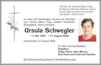 Traueranzeige von Ursula Schwegler von Allgäuer Anzeigeblatt