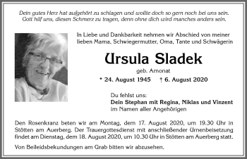 Traueranzeige von Ursula Sladek von Allgäuer Zeitung, Marktoberdorf