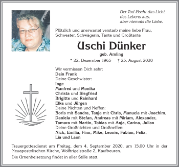 Traueranzeige von Uschi Dünker von Allgäuer Zeitung, Kaufbeuren/Buchloe