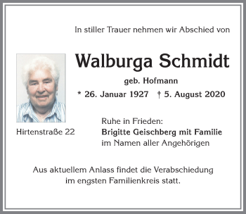 Traueranzeige von Walburga Schmidt von Allgäuer Zeitung, Kaufbeuren/Buchloe