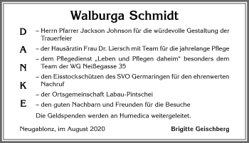 Traueranzeige von Walburga Schmidt von Allgäuer Zeitung, Kaufbeuren/Buchloe
