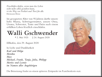 Traueranzeige von Walli Gschwender von Der Westallgäuer