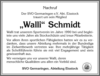 Traueranzeige von Walli Schmidt von Allgäuer Zeitung, Kaufbeuren/Buchloe