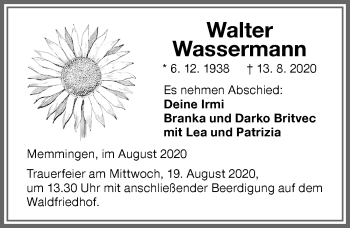 Traueranzeige von Walter Wassermann von Memminger Zeitung