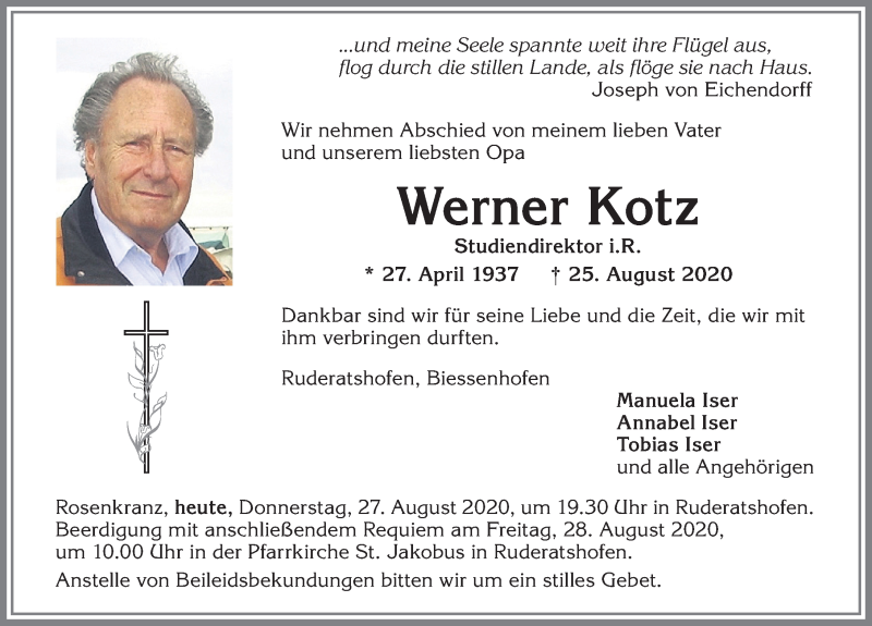  Traueranzeige für Werner Kotz vom 27.08.2020 aus Allgäuer Zeitung