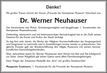 Traueranzeige von Werner Neuhauser von Allgäuer Zeitung,Kempten
