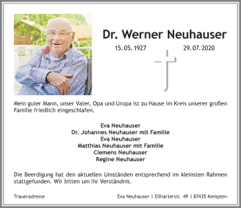 Traueranzeige von Werner Neuhauser von Allgäuer Zeitung, Gesamtausgabe