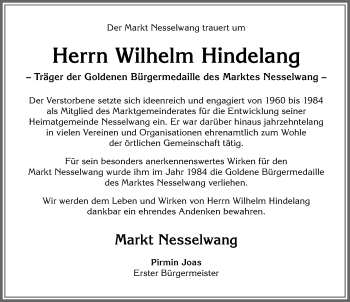 Traueranzeige von Wilhelm Hindelang von Allgäuer Zeitung, Füssen