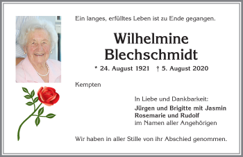 Traueranzeige von Wilhelmine Blechschmidt von Allgäuer Zeitung,Kempten