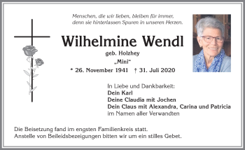 Traueranzeige von Wilhelmine Wendl von Allgäuer Anzeigeblatt
