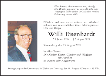 Traueranzeige von Willi Eisenhardt von Der Westallgäuer