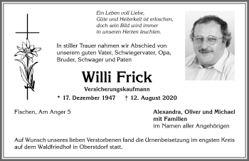 Traueranzeige von Willi Frick von Allgäuer Anzeigeblatt