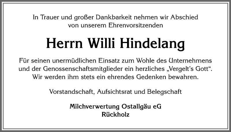  Traueranzeige für Willi Hindelang vom 27.08.2020 aus Allgäuer Zeitung