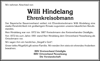 Traueranzeige von Willi Hindelang von Allgäuer Zeitung