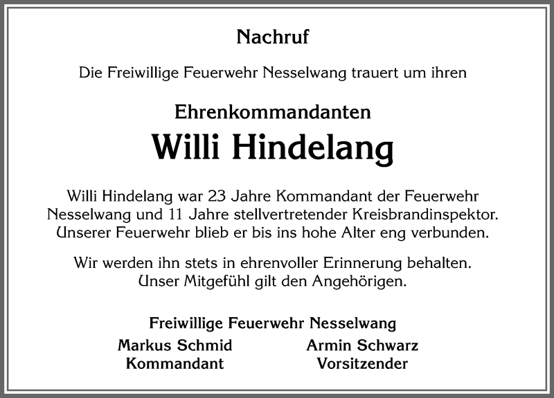  Traueranzeige für Willi Hindelang vom 27.08.2020 aus Allgäuer Zeitung, Füssen
