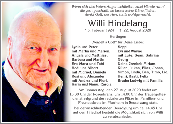 Traueranzeige von Willi Hindelang von Allgäuer Zeitung, Gesamtausgabe
