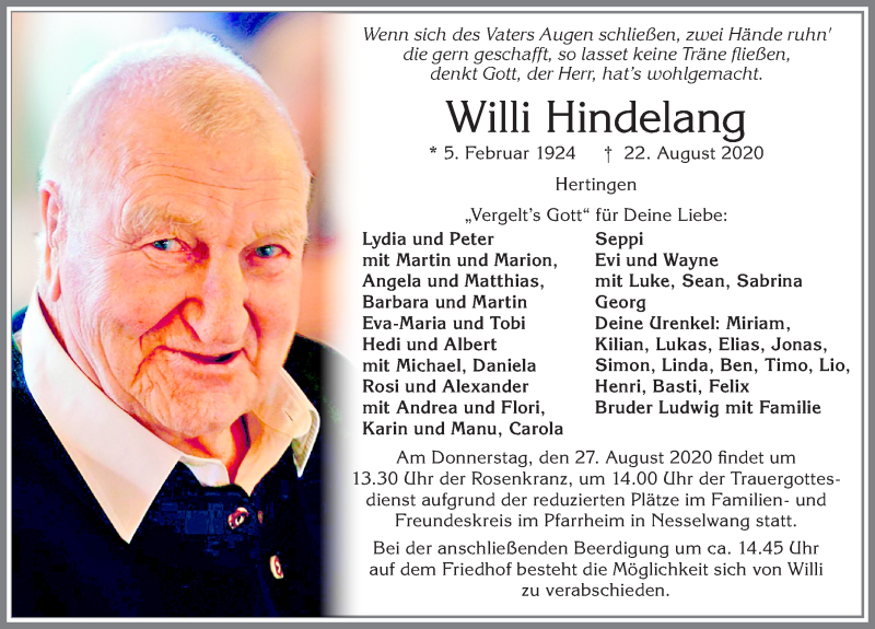  Traueranzeige für Willi Hindelang vom 25.08.2020 aus Allgäuer Zeitung, Gesamtausgabe