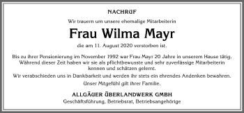 Traueranzeige von Wilma Mayr von Allgäuer Zeitung,Kempten
