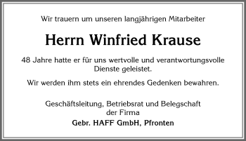 Traueranzeige von Winfried Krause von Allgäuer Zeitung, Füssen