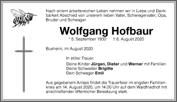 Traueranzeige von Wolfgang Hofbaur von Memminger Zeitung