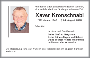 Traueranzeige von Xaver Kronschnabl von Allgäuer Zeitung,Kempten