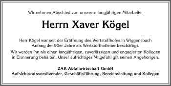 Traueranzeige von Xaver Kögel von Allgäuer Zeitung,Kempten