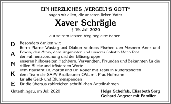 Traueranzeige von Xaver Schrägle von Allgäuer Zeitung, Marktoberdorf