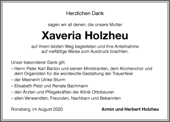 Traueranzeige von Xaveria Holzheu von Allgäuer Zeitung, Marktoberdorf