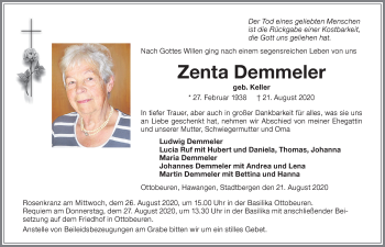 Traueranzeige von Zenta Demmeler von Memminger Zeitung