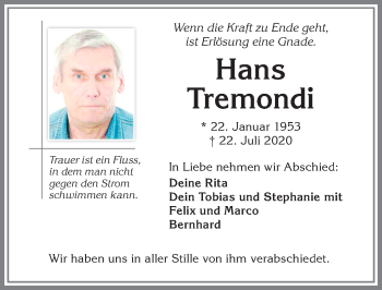 Traueranzeige von isHans Tremondi von Allgäuer Zeitung, Marktoberdorf