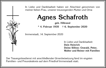 Traueranzeige von Agnes Schafroth von Allgäuer Anzeigeblatt
